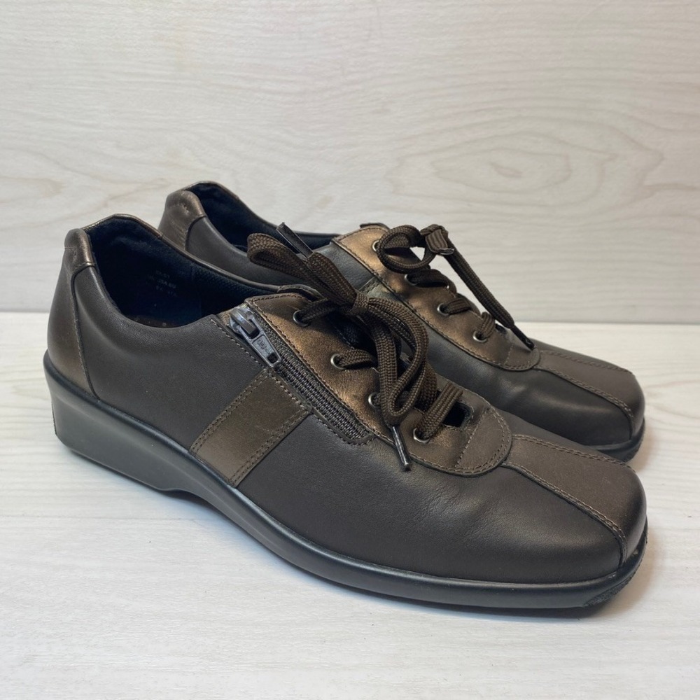 Hotter Womens 9.5‎ Duet Walking Shoes Comfort Brown Leather Metallic Zip England